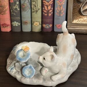 Ceramic Cat and Flowers Figurine